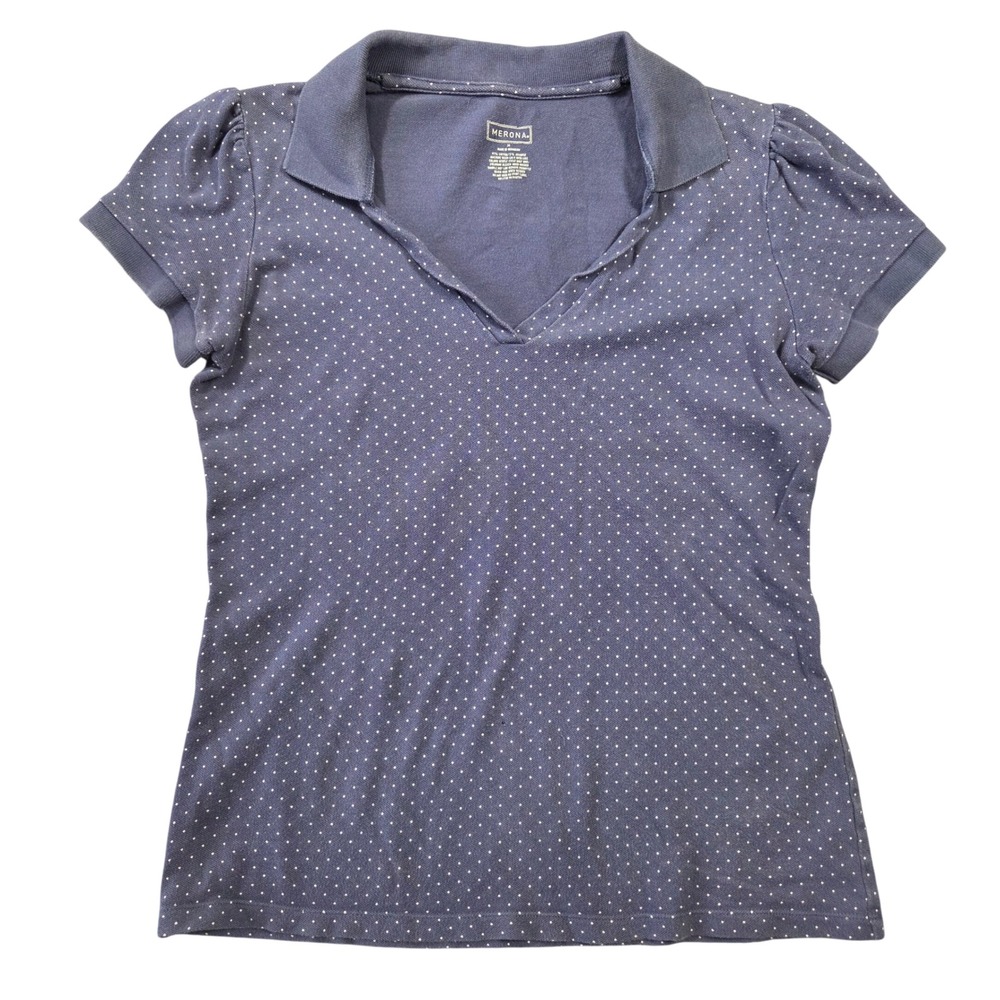 Merona Womens Blue Polka Dot Puffed Sleeve V-Neck Polo Shirt M Cotton Y2k Casaul
